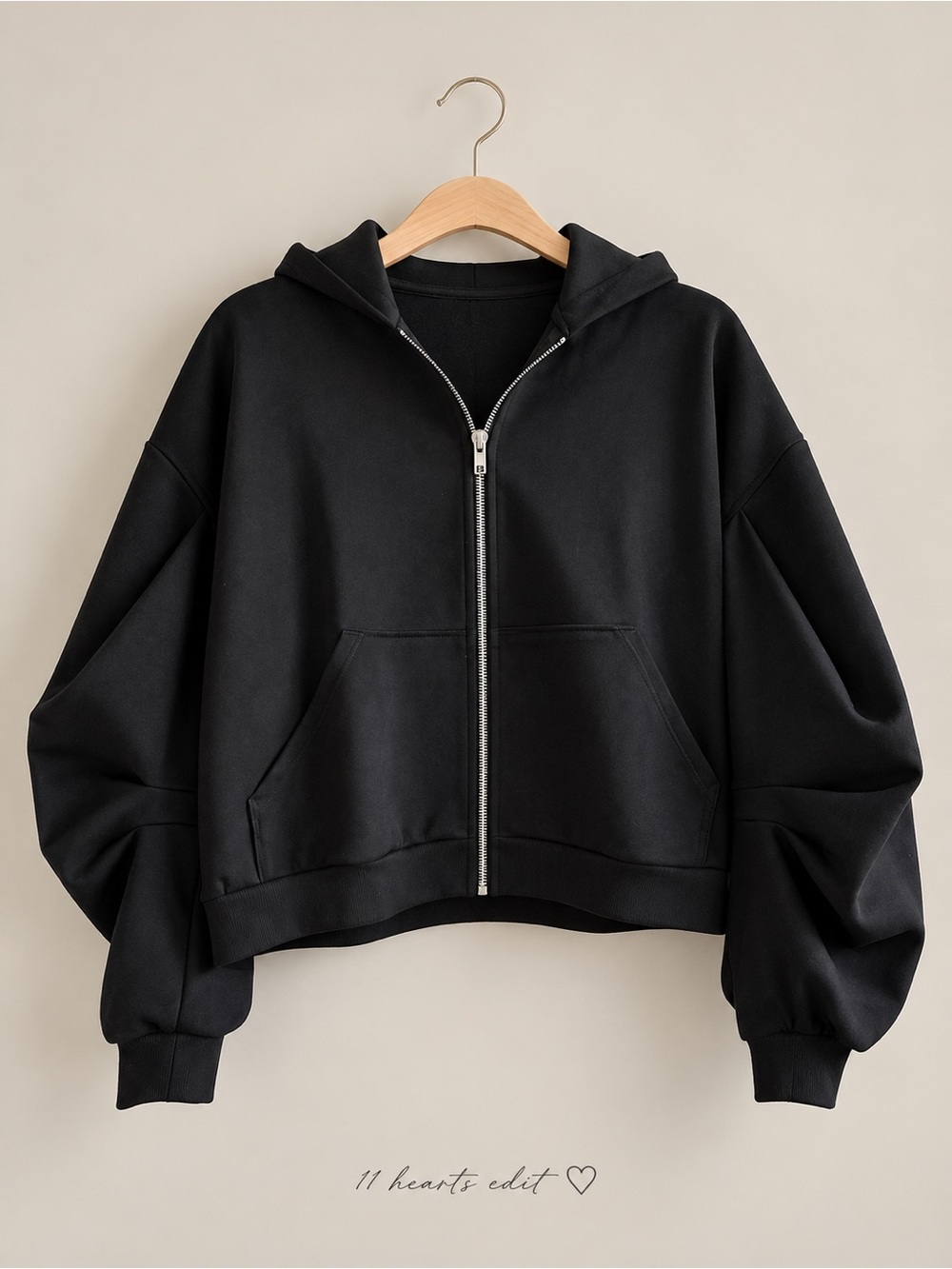 Lanston Structured Cropped Zip-Up Hoodie Black Sculpted Sleeves XS NWT